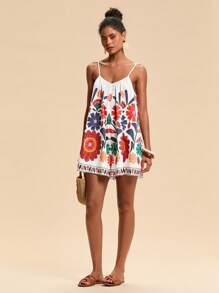 Travachic Woven Floral Print Loose Women's Romper, Printed Woven Long Dress For Women, Simple And Fashion Style, Suitable For Summer, Vacation Style, Woven Graphic Printed, Casual Summer Vacation Outfits Woman, Bohemia Beach Vacation Outfits, Boho Chic, Country Concert Outfit, Holiday Festival Outfits, Beach Outfits For Woman, Summer Outfits For Women, Graduation Outfit, Old Money Style Women, Summer Outfit, Mother's Day, Graduation Outfit, Mother And Daughter Dress - White - View 3