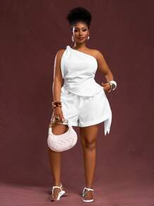 Veslaya 2025秋冬新品，女士秋冬装，万圣节，音乐节，复活节，西部风，游牧风，生日派对，毕业典礼，学生，日常穿着，休闲，度假，邮轮旅行，沙滩，日光浴，时尚，女士大码白色单肩系带蝴蝶结上衣+松紧腰短裤休闲套装 - 白色 - 查看 6