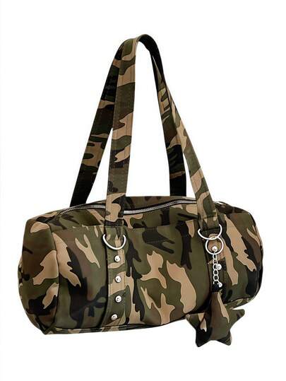 Grunge Punk Retro Camouflage & Pentagram Decor Large Capacity Multifunctional Shoulder Bag/Underarm Bag, Y2K Stylish Versatile Tote Bag For Party, Vacation, Social Events, Gathering, Shopping