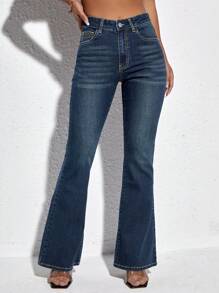 SHEIN PETITE Women's Pocketed Flare Leg Casual Versatile Jeans - Dark Wash - View 5