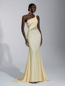 Elitara Women's Elegant Asymmetrical Shoulder Ruching Fishtail Skirt Formal Evening Dress, Minimalist Stretch Knit Train Gown For Wedding&Birthday Party - Light Yellow - View 4