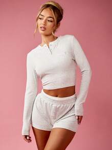 Missguided x Playboy 圣诞罗纹针织长袖亨利衫和短裤家居服套装 - 淺灰色 - 查看 2