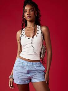 MISSGUIDED Pantalones cortos de cintura alta a rayas con cintura elástica, informales, de fácil puesta, para playa, resort y vacaciones de verano - Azul - Ver 5