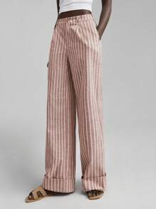 Ontre 2025 新款亚麻混纺休闲裤，复古风格，条纹面料，松紧腰带，真口袋，女式全长裤，卷边裤脚，适合日常穿着，秋季，商务休闲 - 紅色 - 查看 4