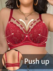1pc Plus Size Women Lace Push Up Underwire Bra - Red - View 6