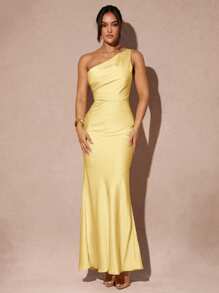 Silquee 优雅女士不对称露背开衩长裙，适合日常穿着、约会、夜总会、派对、秋季 - 黃色 - 查看 2