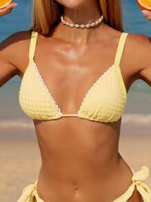 Swim Mod 1 buah Atasan Bikini Wanita Bertekstur Kuning dengan Dekorasi Renda, Bentuk Segitiga dengan Tali Bahu yang Dapat Diatur, Cocok untuk Liburan Musim Panas Santai di Pantai - Kuning - View 5