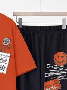 SHEIN 2 件青少年男童休闲短袖 T 恤和裤子套装，街头朋克摇滚学院风日常服装，适合春夏季、派对、音乐节，蓝黑色带英文印花 - 橘色 - 查看 6