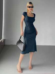 DAZY Women's Solid Color Wrap Square Neck Fish Tail Midi Dress Cocktail Dress - Navy Blue - View 3