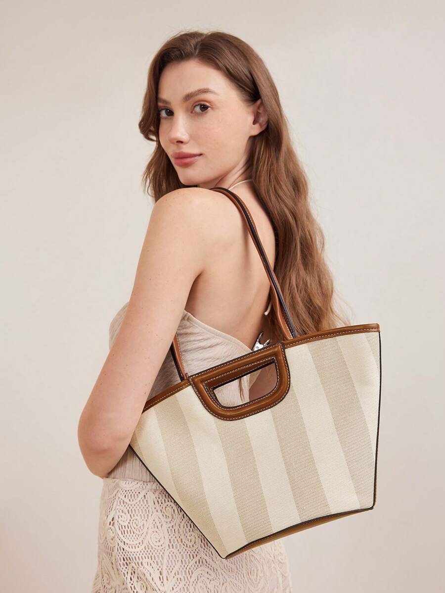 MOTF PREMIUM TÚI TOTE KẺ SỌC ĐỘ TƯƠNG PHẢN - màu nâu - Xem 2