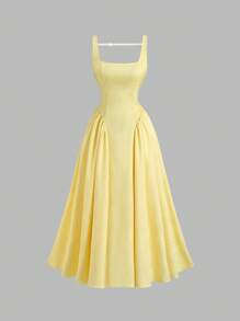 Relinas 早春新款女士方领后背蝴蝶结系带荷叶边休闲户外派对中长连衣裙