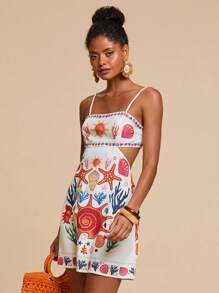 Travachic 热带印花露背吊带迷你度假连衣裙，女士度假装扮，女士海滩度假装扮，女士夏季装扮，女士夏季连衣裙，女士连衣裙，夏季连衣裙 - 彩色 - 查看 3