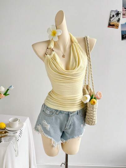 Soleia 女士淡黄色纹理针织肩带上衣，时尚迷人，适合派对、约会、婚礼、下午茶、音乐节、浪漫海滩度假、春夏邮轮度假