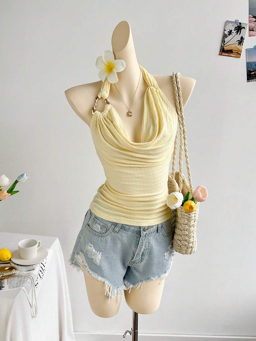 Soleia 女士淡黄色纹理针织肩带上衣，时尚迷人，适合派对、约会、婚礼、下午茶、音乐节、浪漫海滩度假、春夏邮轮度假 - 黃色 - 查看 1