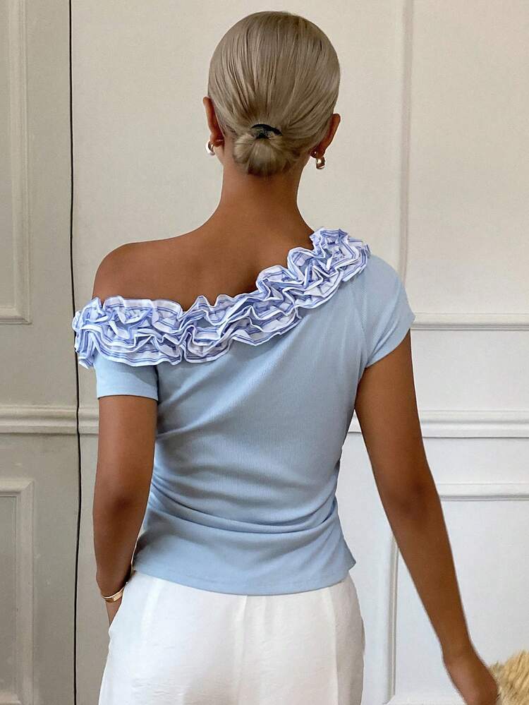 Women Casual Patchwork Striped Pleated Ruffle Trim Slim Fit Asymmetrical Neck Short Sleeve Tee Shirt For Summer Asymmetrical Shoulder Top Off The Shoulder