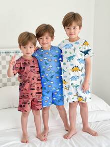 6 Stücke/Set Jungen Schlafanzug: Cartoon Galaxie & Ozean Tier Muster eng anliegendes T-Shirt und Shorts Set, Kleinkind - Verschiedenfarbig - Übersicht 6