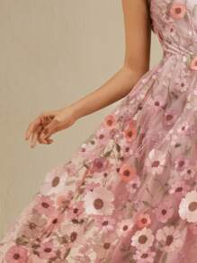 Anewsta 优雅女士短袖圆领网眼花卉刺绣长裙 - 粉色 - 查看 1