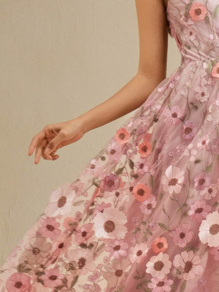 Anewsta 优雅女士短袖圆领网眼花卉刺绣长裙 - 粉色 - 查看 1