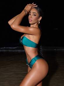 Swim SXY 2件套夏季新款女士性感纯色露肩泳衣沙滩度假高端套装 - 水鴨藍 - 查看 3