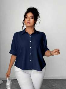 Elenzga Áo sơ mi tay bồng màu sắc đơn giản thanh lịch dành cho nữ cỡ lớn mùa xuân/hè, có xếp ly sau lưng và viền chữ A, cài nút toàn bộ - Màu xanh hải quân - Xem 4