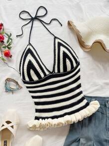 Soleia Women's Summer Black & White Striped Halter Neck Ruffle Knit Top, Suitable For Holiday, Dates, Casual Afternoon Tea, Parties, Music Festivals, Boho Vacations - Black and White - View 1
