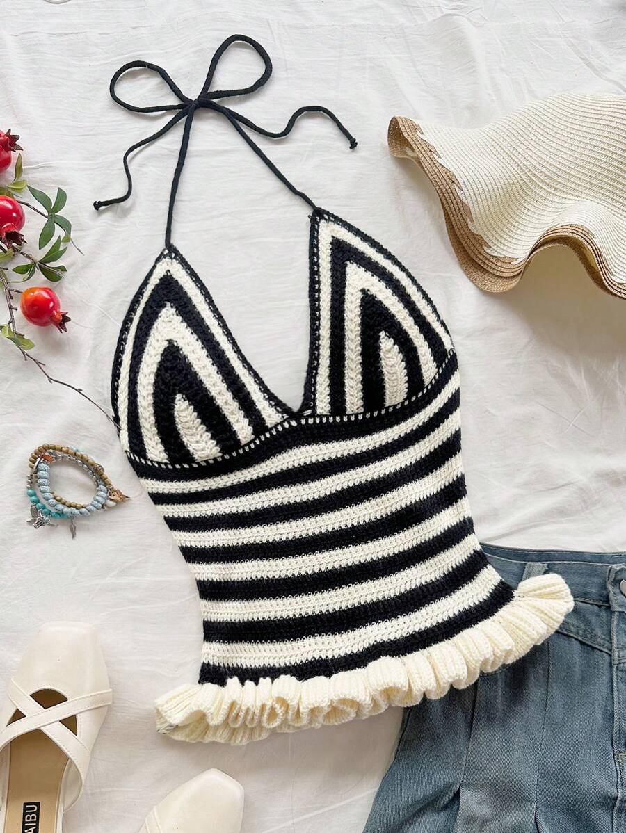Soleia Women's Summer Black & White Striped Halter Neck Ruffle Knit Top, Suitable For Holiday, Dates, Casual Afternoon Tea, Parties, Music Festivals, Boho Vacations - Black and White - View 1