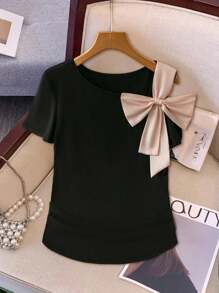 SHEIN PETITE Women Bow Off Shoulder Short Sleeve Casual T-Shirt - Black - View 1