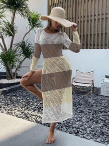 SHEIN Swim Damen Urlaubs Kontrast Farbblock Rundhals Langarm Ausschnitt Cover Up Kleid