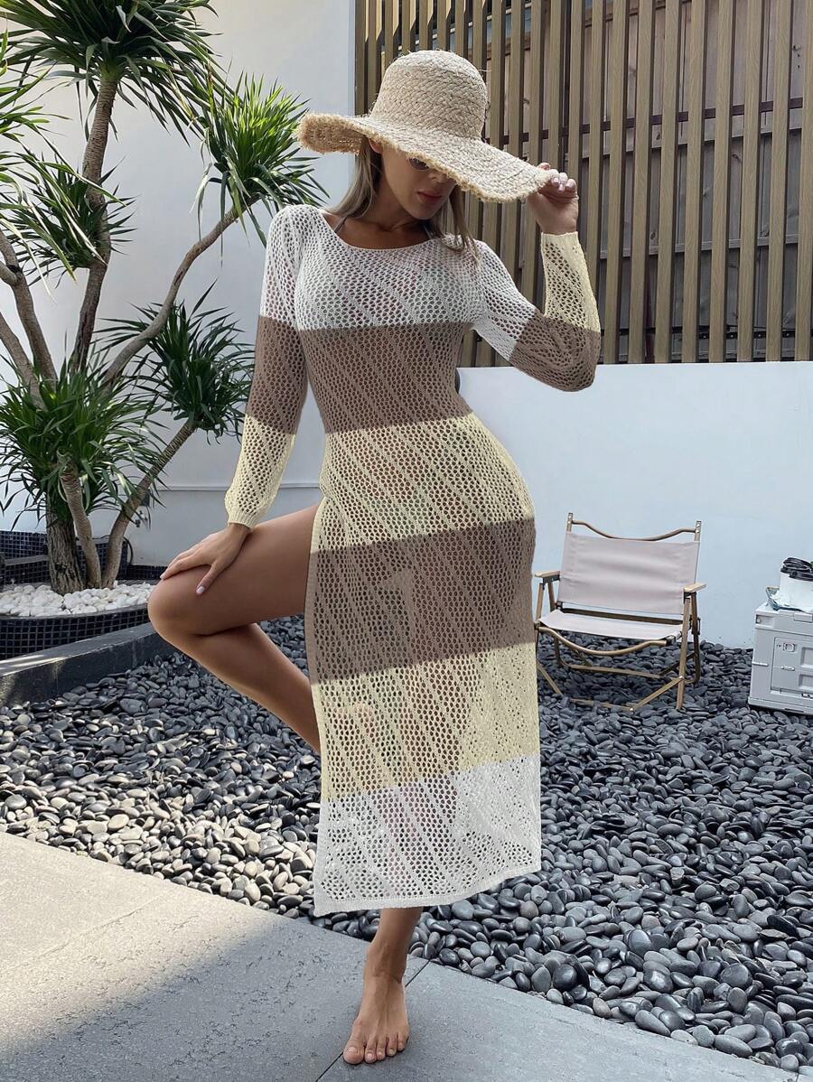 SHEIN Swim Damen Urlaubs Kontrast Farbblock Rundhals Langarm Ausschnitt Cover Up Kleid