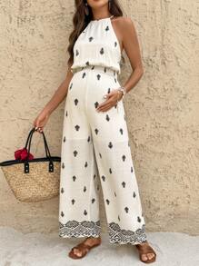 SHEIN Beige Geometric Print Suspenders Waist Tie Wide-Leg Casual Holiday Maternity Jumpsuit
