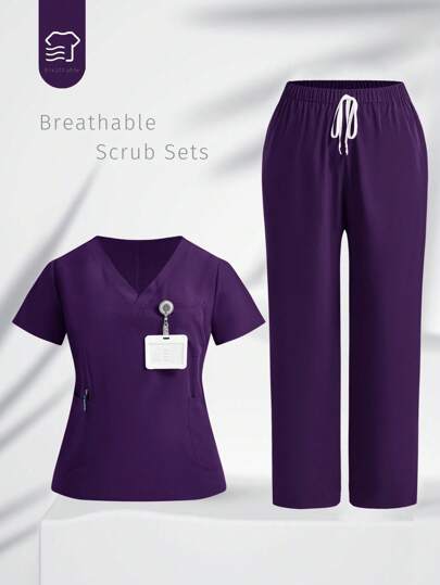 TaskEZ Conjunto de uniforme de ropa de trabajo de talla grande para mujeres, Top de manga corta con bolsillo y pantalones de unicolor