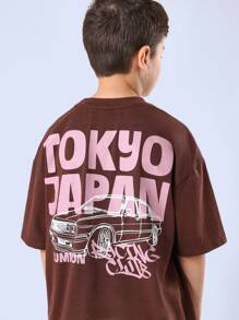 SUMWON 日式街头赛车俱乐部 T 恤夏季经典汽车图案设计圆领青年男童休闲棉质上衣 - 咖啡棕 - 查看 1