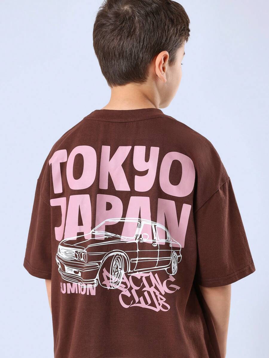 SUMWON 日式街头赛车俱乐部 T 恤夏季经典汽车图案设计圆领青年男童休闲棉质上衣 - 咖啡棕 - 查看 1