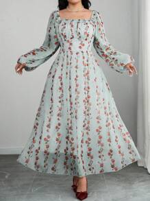 Modelyn 大码女式 A 字形雪纺碎花束腰连衣裙 - 藍色 - 查看 1