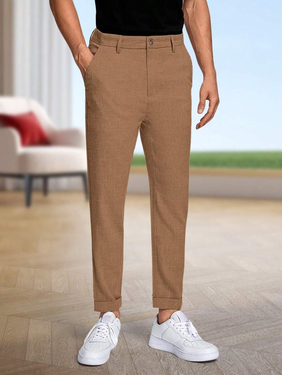 Calvornis Men's Solid Color Straight Leg Loose Casual Suit Pants With Pockets - Brown - View 1