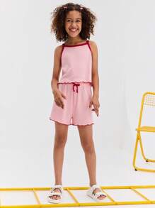 Leap Crew Leap Crew Setelan 2pcs untuk Remaja Perempuan: Atasan Tank Top dan Celana Pendek dengan Warna Kontras, Nyaman - Berwarna merah muda - View 3