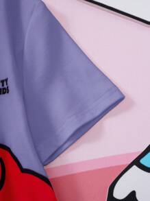 HELLO KITTY AND FRIENDS | SHEIN 少女可爱卡通图案休闲短袖T恤，夏季 - 紫色 - 查看 5