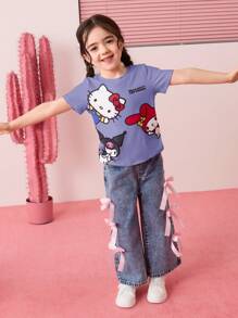 HELLO KITTY AND FRIENDS | SHEIN 少女可爱卡通图案休闲短袖T恤，夏季 - 紫色 - 查看 8