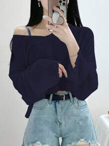 DAZY Camiseta suelta de mujer de cuello en V y unicolor, tops de primavera/verano con estilo universitario de manga larga, ropa de mujer de otoño, tops cortos de mujer