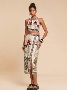 Travachic Woven Fabric Two-Piece Outfit With Crop Halter Top And Arm Sleeves In Striped Design Boho Two Piece Set Two Piece Skirt Set Festival Two Piece Outfit 2 Piece Party Outfits