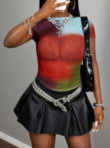 Slaydiva 2025 Autumn New Plus Size Women's Casual Street Style Sexy Sheer Mesh Color Block Patchwork Print Short Sleeve Fitted Blouse, Suitable For Music Festivals, Sexy Street Style, Graduation Season, Western Nomadic Style, Bohemian Style, Daily Outings, Motorcycle Sports, Clubs, Bombshell, Birthday Parties, Student Wear, Basic Versatile, Casual, Vacation, Cruise Travel, Beach, Sunbathing, Viral , Party Gatherings