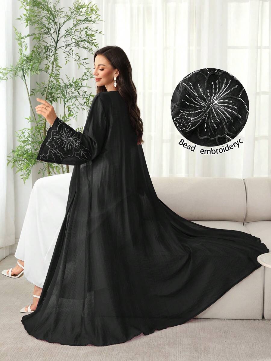 SHEIN Najma Spring/Summer Loose Viscose Maxi Abaya With Pearl Embroidered Floral Trim, Open Front & Cuffs - Black - View 1