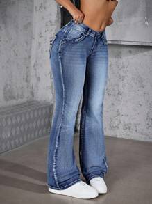 Jeanoix 女式超低腰刺绣喇叭牛仔裤