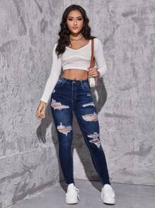 Flexra Ripped Raw Trim Skinny Jeans - Dark Wash - View 6