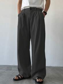 Claim Dot Men's Solid Color Pleated Loose Fit Casual Wide Leg Pants With Pockets, Fall - Dark Grey - View 6