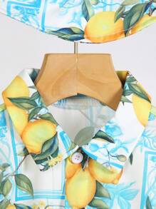 SHEIN 小男孩柠檬印花休闲单排扣短袖衬衫，轻盈，适合夏季度假