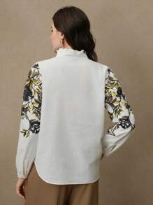 Anewsta 女士优雅度假数码印花立领时尚长袖衬衫女士衬衫优雅优雅女士衬衫和衬衫真丝衬衫工作衬衫