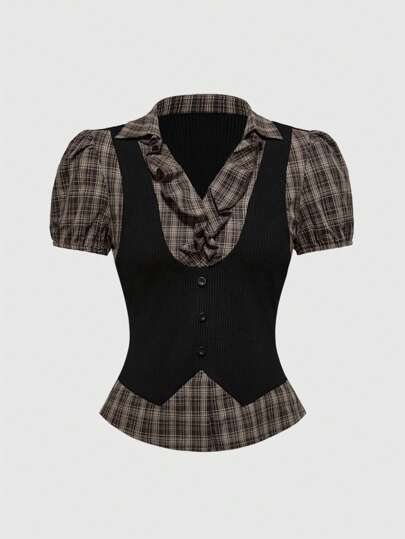 Goth ملابس علوية نسائي من قطعتين بتصميم مربعات ملون بطراز جوثي كلاسيكي، مناسب للعودة إلى المدرسة والتخرج والصيف