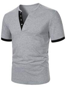 Manfinity Homme Camiseta de manga corta minimalista casual y de negocios con ribete de contraste para hombres