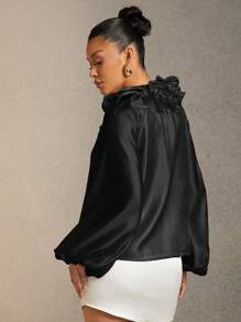 Hauture Blusa de manga larga de vestir elegante con cuello de corbata plisado de unicolor - Negro - Ver 4